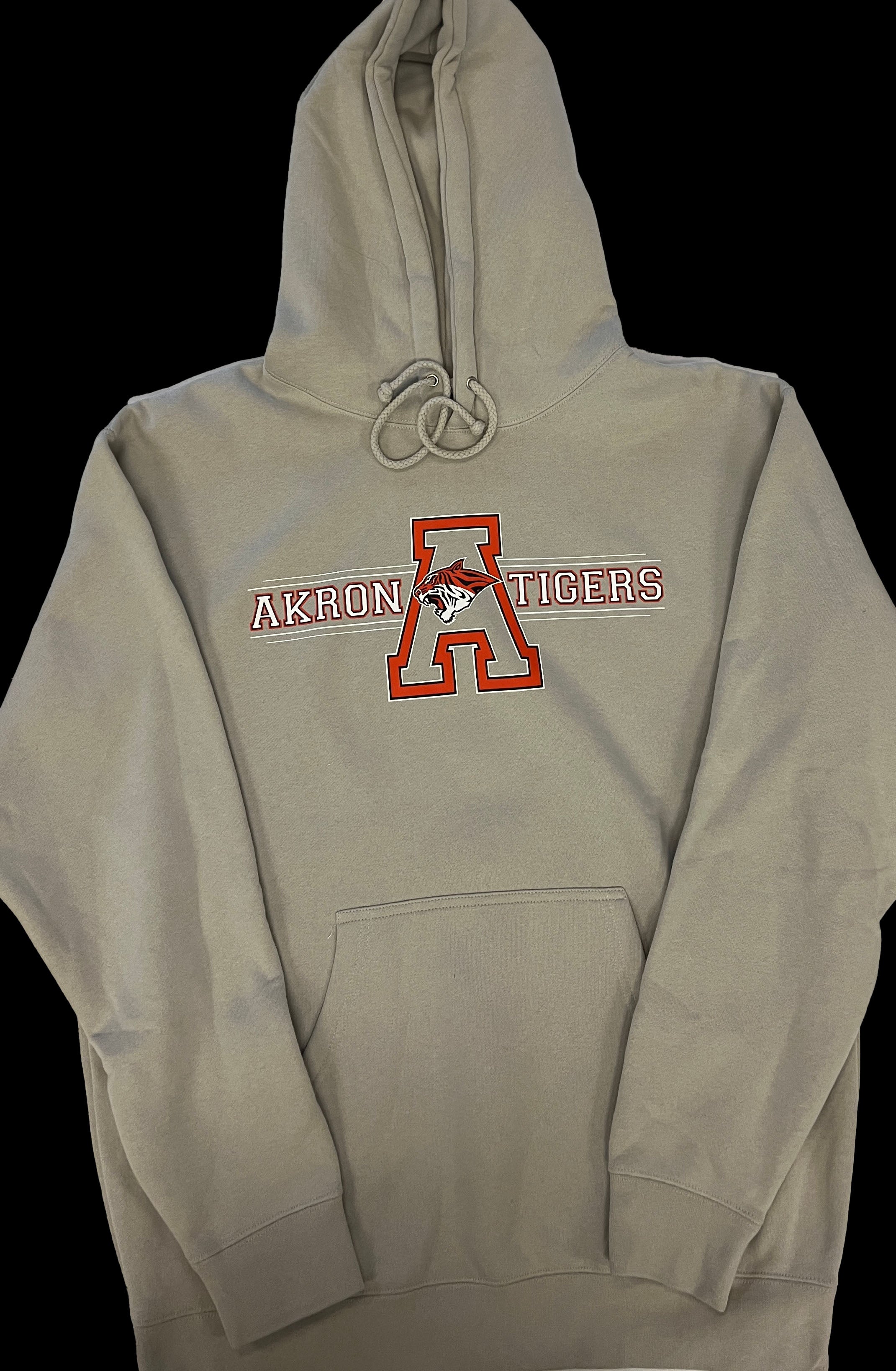 Beige hoodie with Akron Tigers logo
