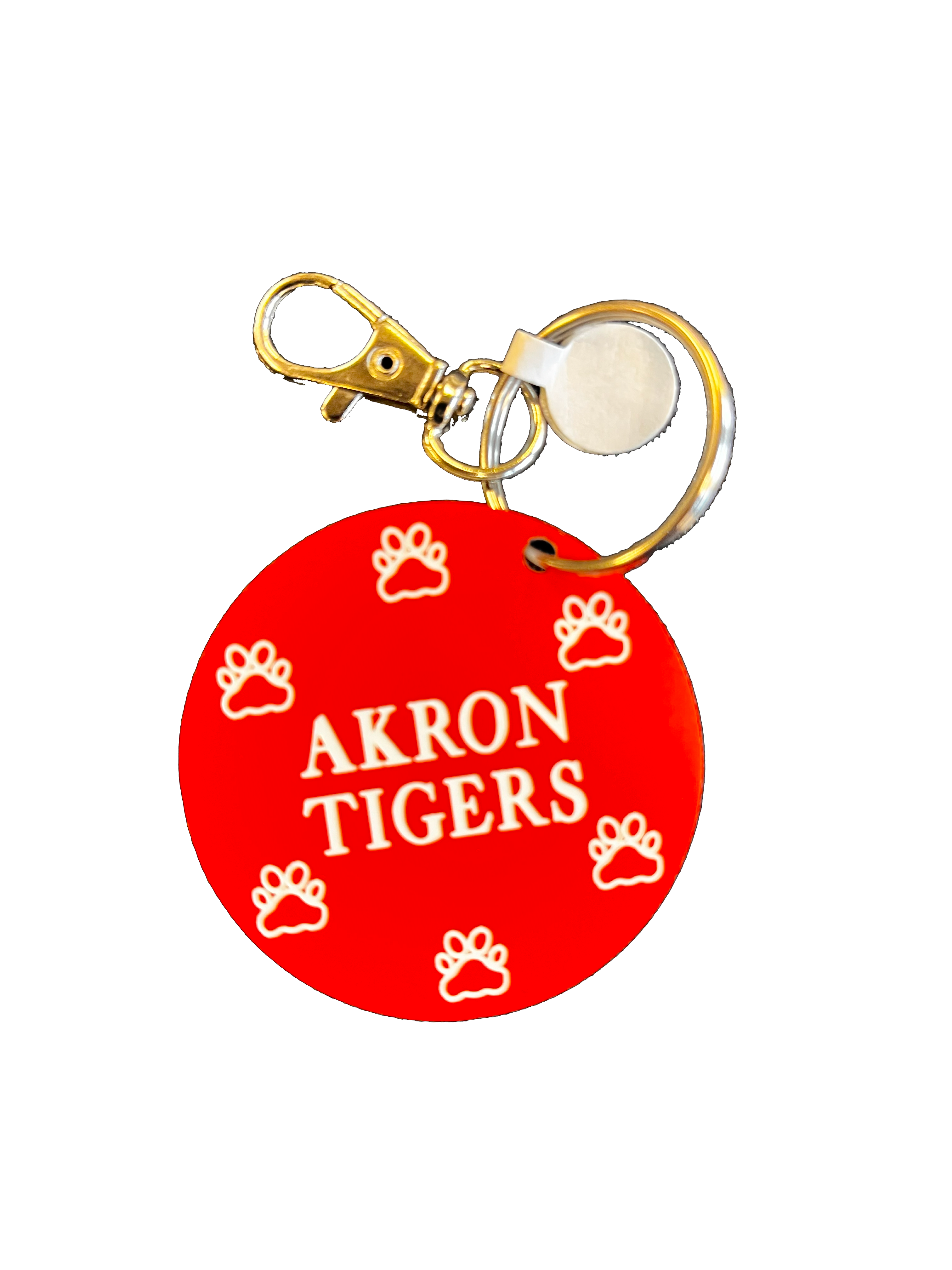 orange keychain with 'Akron Tigers' text and paw prints 