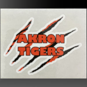 Sticker with 'Akron Tigers' text and tiger stripe design 