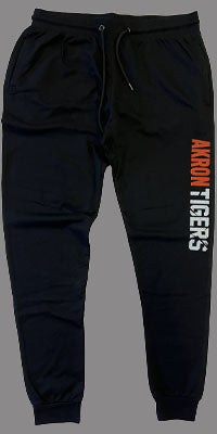 Black jogger pants with 'Akron Tigers' text 