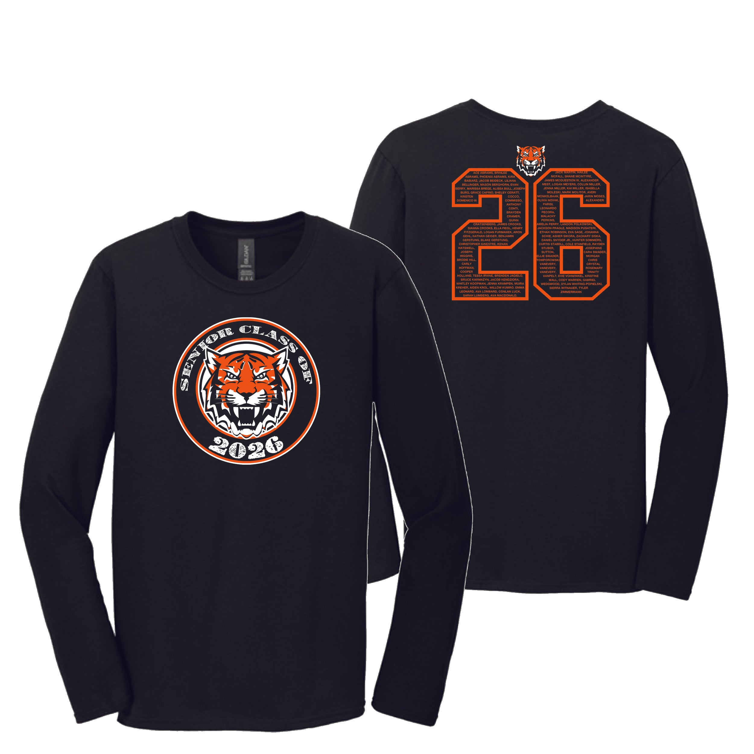 Class of 2026 Long Sleeve Black Shirt with Front and Back Designs