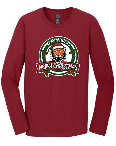 Red long-sleeve shirt with a Christmas-themed graphic 