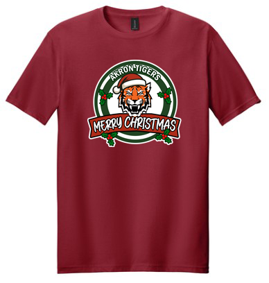 Red t-shirt with a Christmas-themed graphic of a tiger wearing a Santa hat 