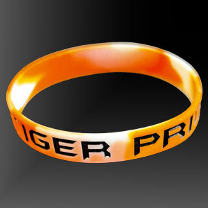 Orange wristband with black text 